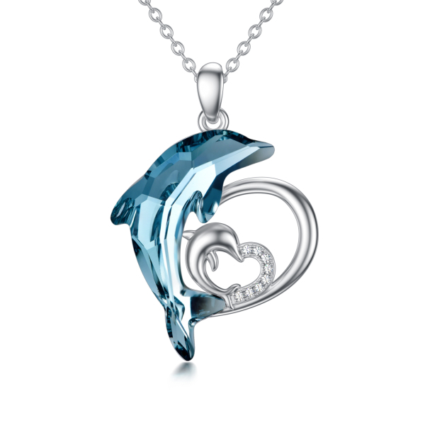 Collier Chaîne Argenté Avec Grand Pendentif Cœur Bleu Et Noir Scintillant - Occasion - France