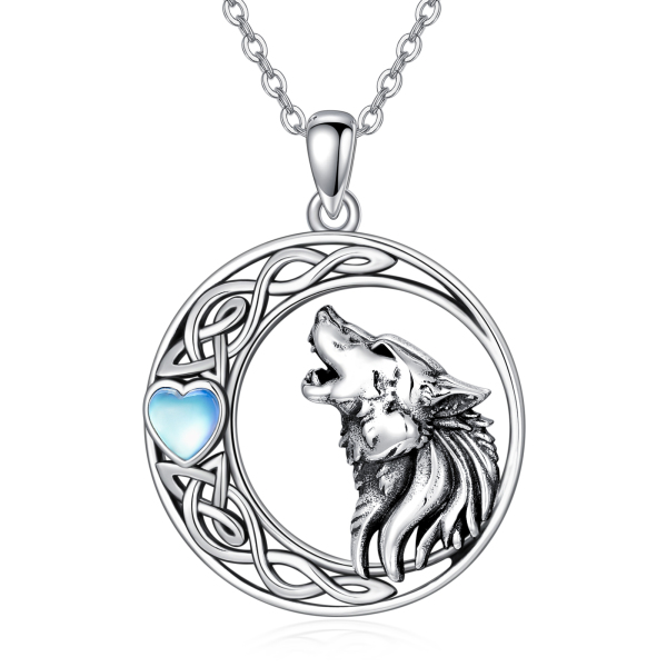 Collier en argent sterling avec pendentif loup et lune en forme de